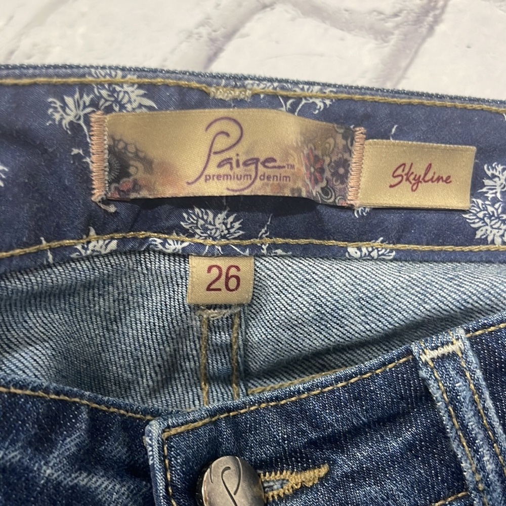 Paige Skyline Mid-Rise Jeans Light Distressing Skinny Straight Dark Wash Denim - Picture 8 of 11